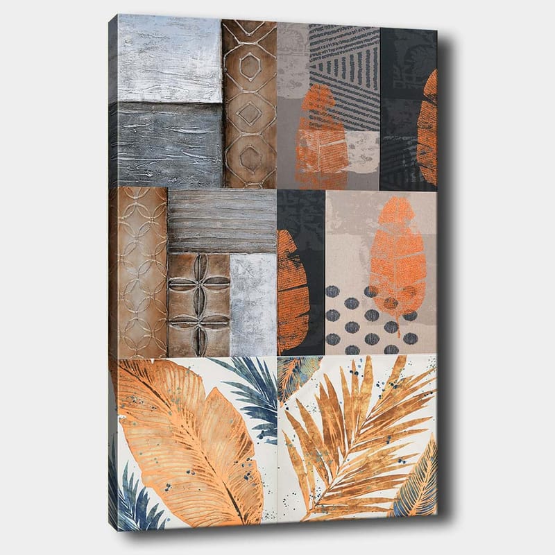 Lerretsbilde 70x100 cm - Abstrakt komposisjon med bladmotiver og geometriske mønstre i jordfarger, Oransje / Grå / Beige