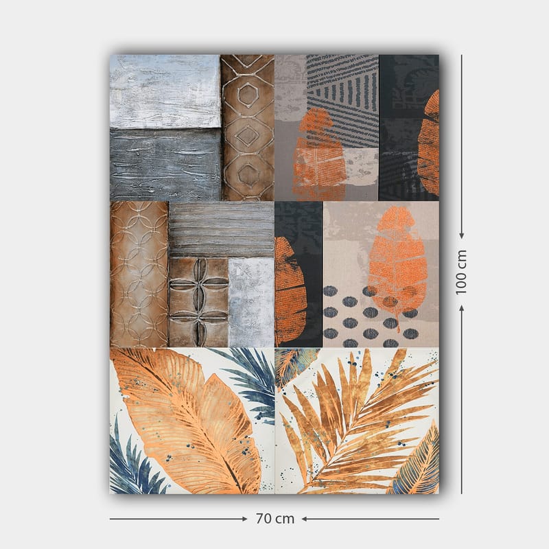 Lerretsbilde 70x100 cm - Abstrakt komposisjon med bladmotiver og geometriske mønstre i jordfarger - Oransje / Grå / Beige - Innredning - Bilder & kunst - Lerretsbilder