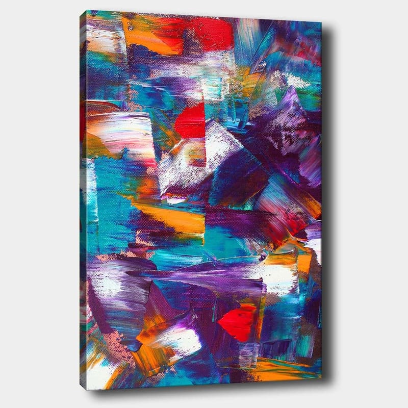 Lerretsbilde 70x100 cm - Abstrakt komposisjon med dynamiske fargefelt og teksturer, Turkis / Lilla / Rød