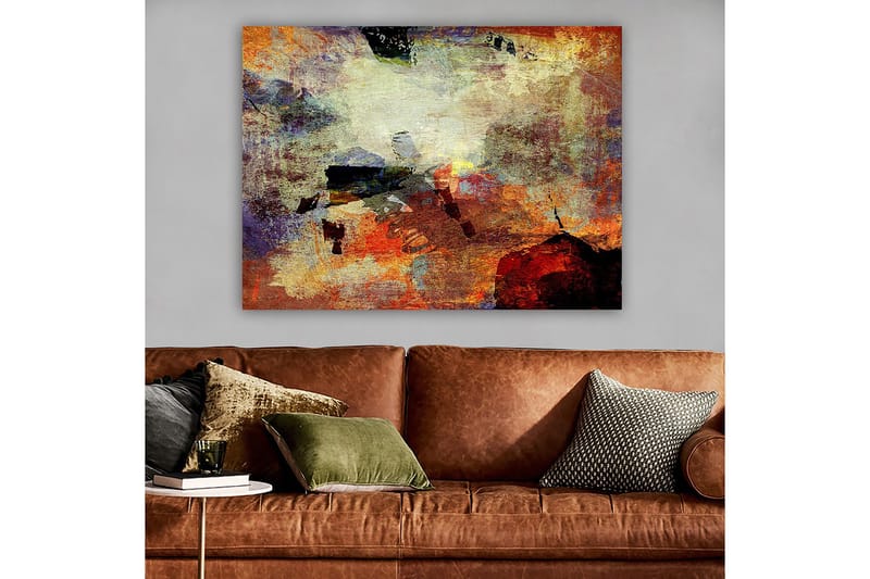 Lerretsbilde 70x100 cm - Abstrakt komposisjon med dynamiske fargefelt som skaper en følelse av bevegelse og dybde - Rød / Oransje / Grønn - Innredning - Bilder & kunst - Lerretsbilder