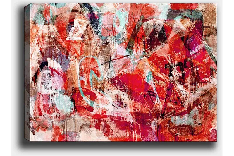 Lerretsbilde 70x100 cm - Abstrakt komposisjon med dynamiske former i sterke farger - Rød / Turkis / Beige - Innredning - Bilder & kunst - Lerretsbilder