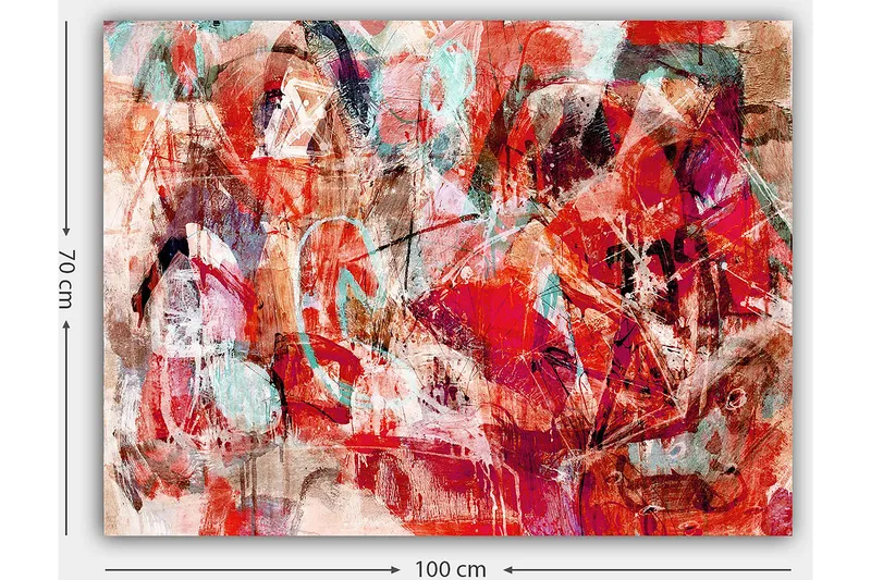 Lerretsbilde 70x100 cm - Abstrakt komposisjon med dynamiske former i sterke farger - Rød / Turkis / Beige - Innredning - Bilder & kunst - Lerretsbilder