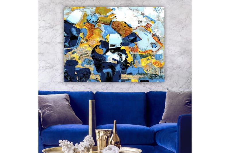 Lerretsbilde 70x100 cm - Abstrakt komposisjon med dynamiske former og farger som skaper en livlig følelse - Mørk blå / Lys blå / Gul - Innredning - Bilder & kunst - Lerretsbilder