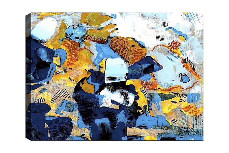 Lerretsbilde 70x100 cm - Abstrakt komposisjon med dynamiske former og farger som skaper en livlig følelse, Mørk blå / Lys blå / Gul