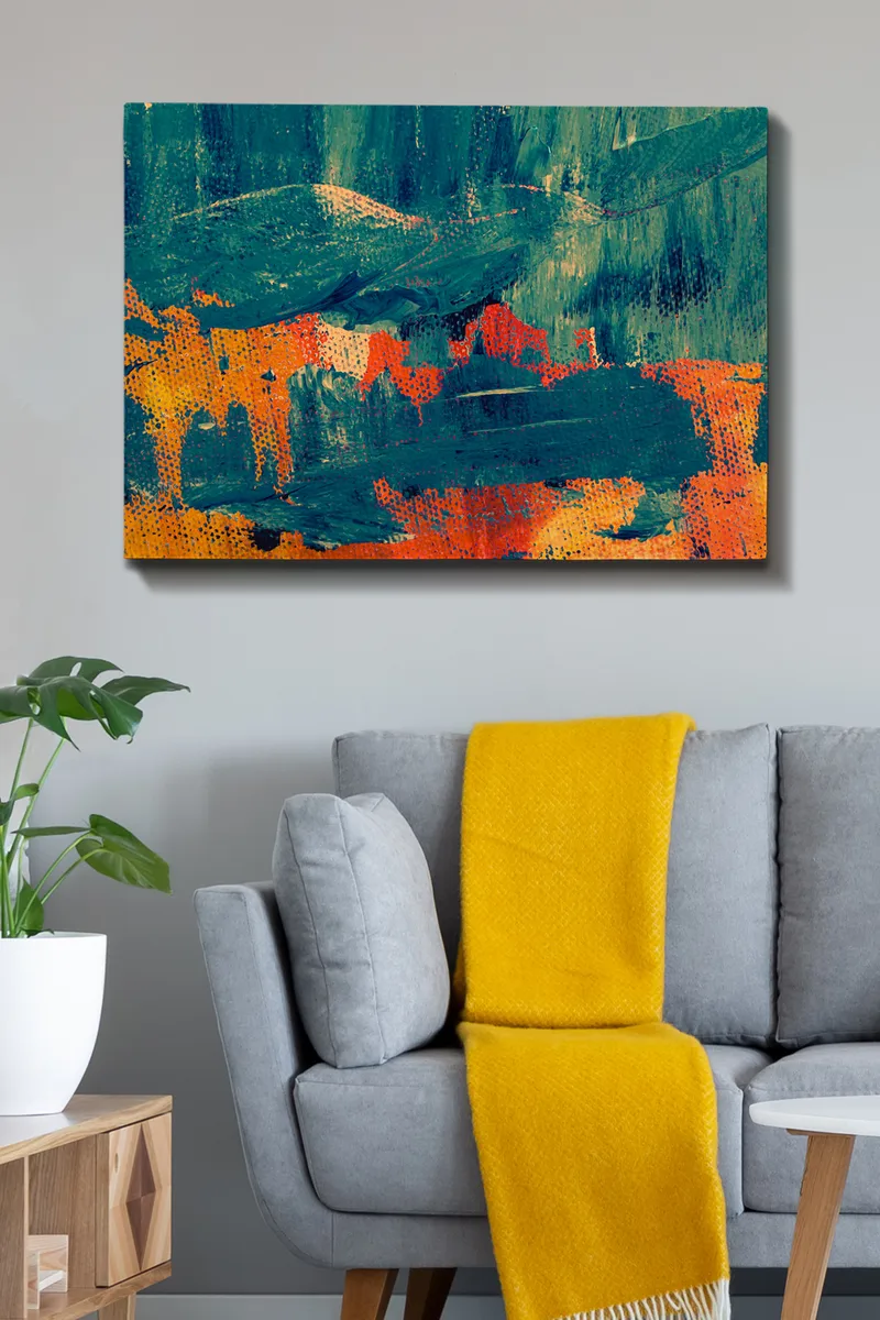 Lerretsbilde 70x100 cm - Abstrakt komposisjon med dype grønne og varme oransje toner - Mørk grønn / Oransje - Innredning - Bilder & kunst - Lerretsbilder