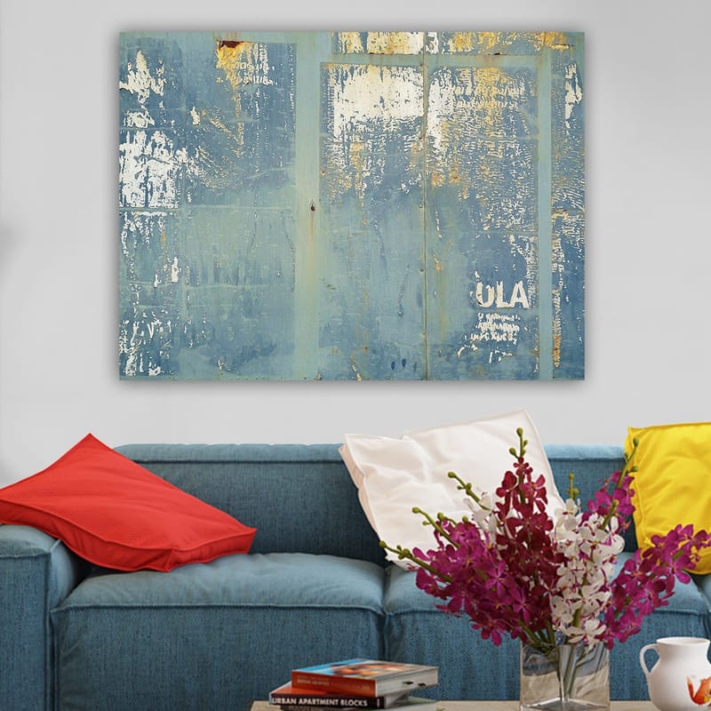Lerretsbilde 70x100 cm - Abstrakt komposisjon med elementer av blå nyanser og tekstur - Blå / Hvit / Gull - Innredning - Bilder & kunst - Lerretsbilder