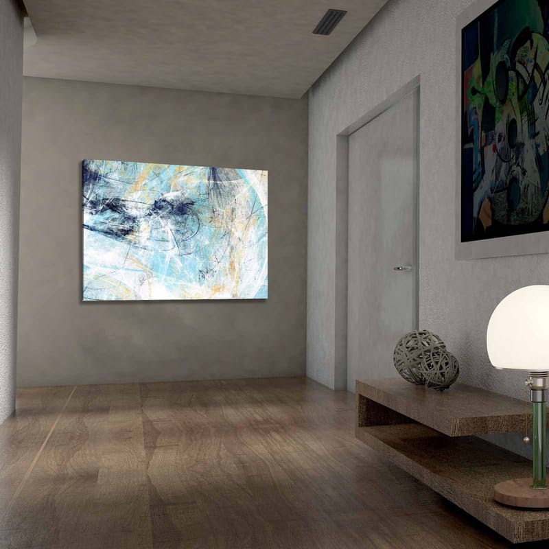 Lerretsbilde 70x100 cm - Abstrakt komposisjon med elementer av blått og lyse toner som skaper en følelse av bevegelse - Blå / Hvit / Lys gul - Innredning - Bilder & kunst - Lerretsbilder