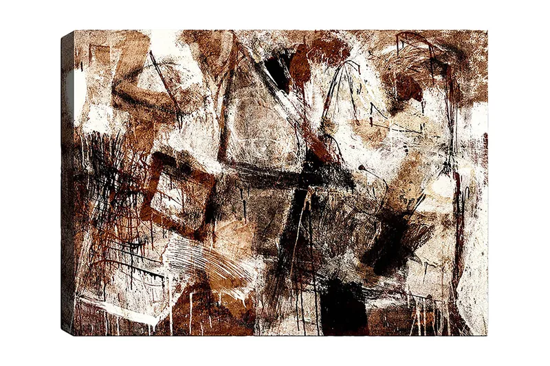 Lerretsbilde 70x100 cm - Abstrakt komposisjon med elementer av geometriske former og linjer, Mørk brun / Beige / Hvit