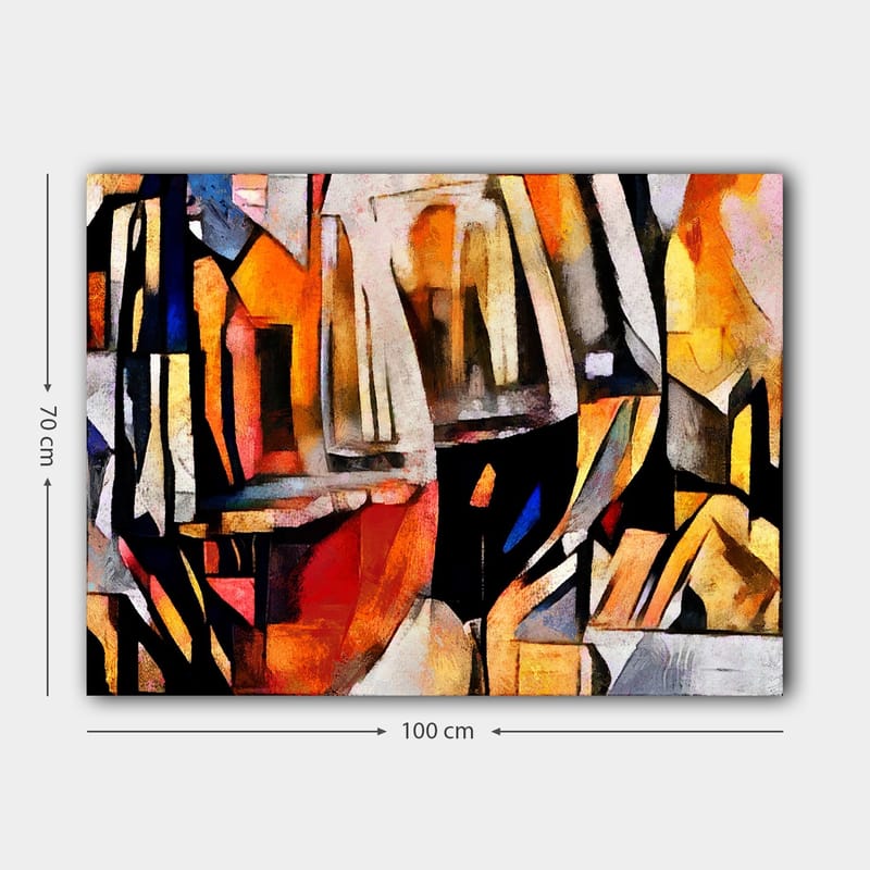 Lerretsbilde 70x100 cm - Abstrakt komposisjon med elementer av glass og geometriske former - Oransje / Svart / Gul - Innredning - Bilder & kunst - Lerretsbilder