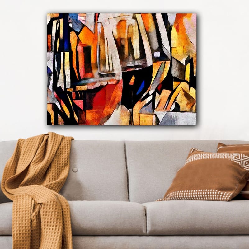 Lerretsbilde 70x100 cm - Abstrakt komposisjon med elementer av glass og geometriske former - Oransje / Svart / Gul - Innredning - Bilder & kunst - Lerretsbilder