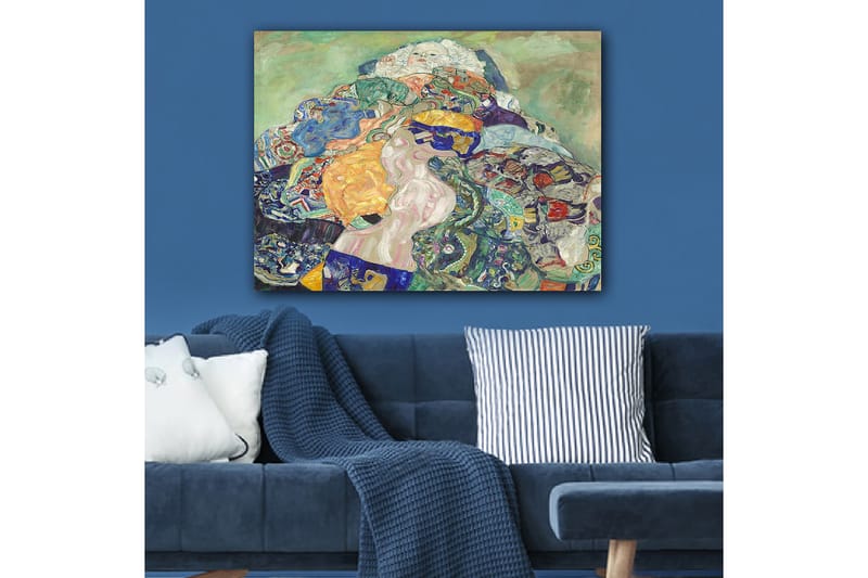 Lerretsbilde 70x100 cm - Abstrakt komposisjon med en liggende figur omgitt av fargerike mønstre og former - Blå / Oransje / Grønn - Innredning - Bilder & kunst - Lerretsbilder