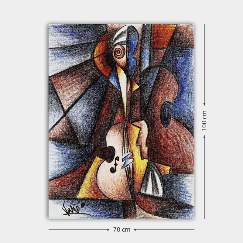 Lerretsbilde 70x100 cm - Abstrakt komposisjon med en musiker som spiller et instrument - Mørk blå / Brun / Beige - Innredning - Bilder & kunst - Lerretsbilder