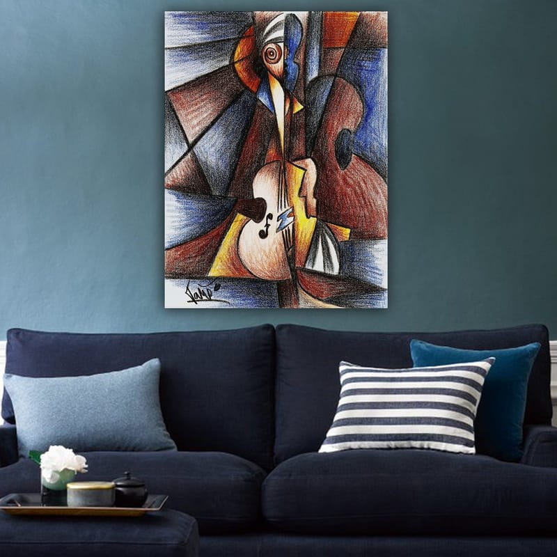 Lerretsbilde 70x100 cm - Abstrakt komposisjon med en musiker som spiller et instrument - Mørk blå / Brun / Beige - Innredning - Bilder & kunst - Lerretsbilder