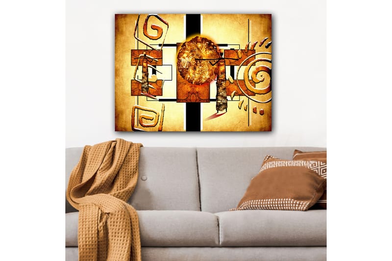 Lerretsbilde 70x100 cm - Abstrakt komposisjon med en stor sol og geometriske former - Gull / Brun / Svart - Innredning - Bilder & kunst - Lerretsbilder