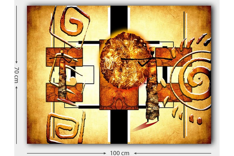 Lerretsbilde 70x100 cm - Abstrakt komposisjon med en stor sol og geometriske former - Gull / Brun / Svart - Innredning - Bilder & kunst - Lerretsbilder