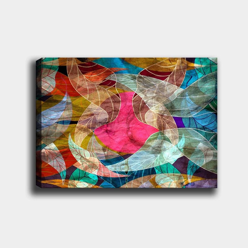 Lerretsbilde 70x100 cm - Abstrakt komposisjon med fargerike bladformer og en sentral rosa figur, Rosa / Turkis / Gyllenbrun