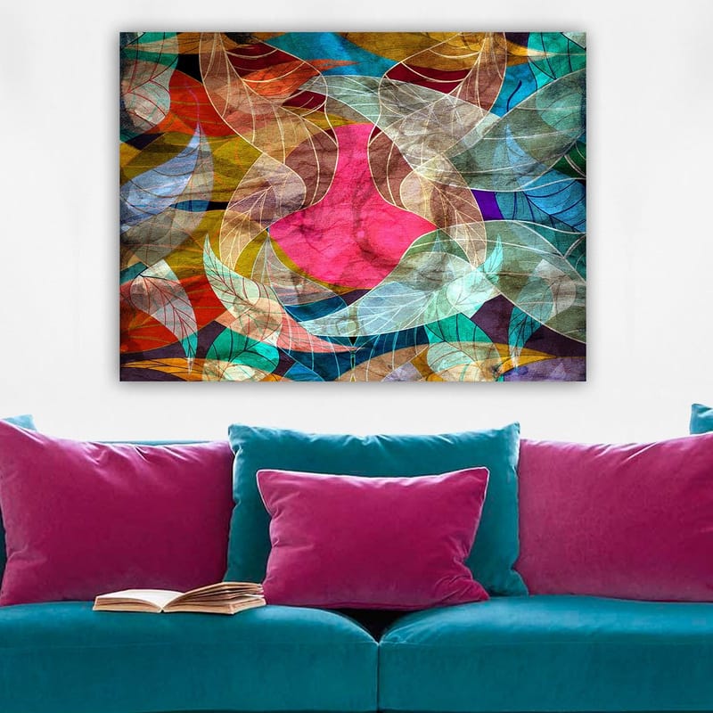 Lerretsbilde 70x100 cm - Abstrakt komposisjon med fargerike bladformer og en sentral rosa figur - Rosa / Turkis / Gyllenbrun - Innredning - Bilder & kunst - Lerretsbilder
