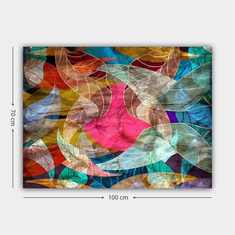 Lerretsbilde 70x100 cm - Abstrakt komposisjon med fargerike bladformer og en sentral rosa figur - Rosa / Turkis / Gyllenbrun - Innredning - Bilder & kunst - Lerretsbilder