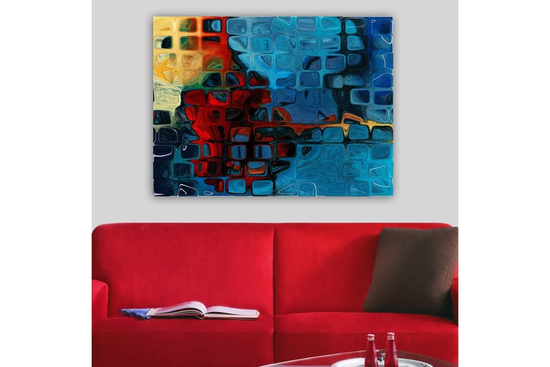 Lerretsbilde 70x100 cm - Abstrakt komposisjon med fargerike firkanter i blått og rødt - Blå / Rød / Oransje - Innredning - Bilder & kunst - Lerretsbilder