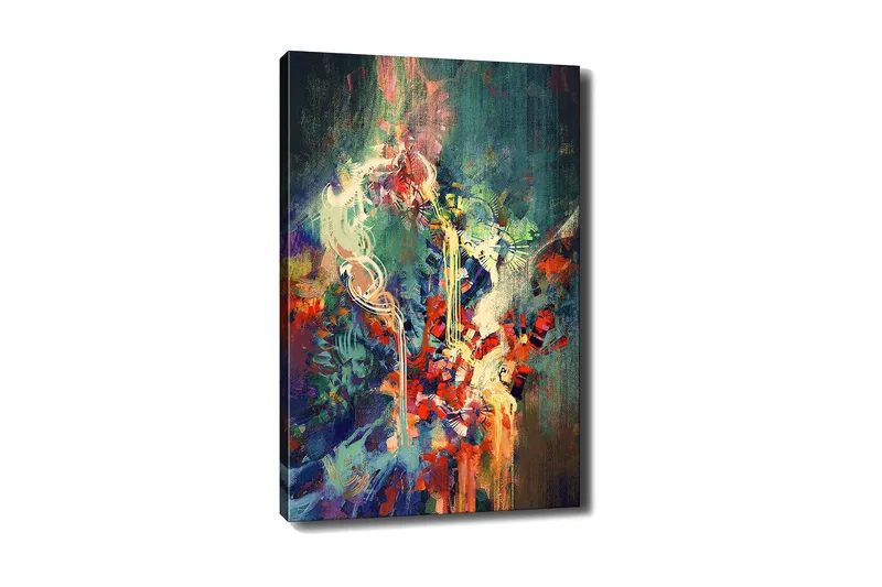 Lerretsbilde 70x100 cm - Abstrakt komposisjon med fargerike former og dynamiske linjer - Rød / Grønn / Blå - Innredning - Bilder & kunst - Lerretsbilder