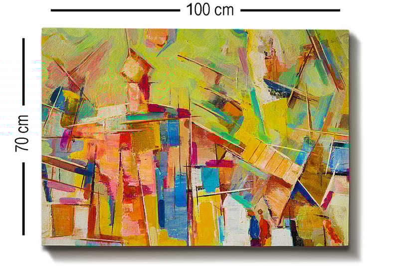 Lerretsbilde 70x100 cm - Abstrakt komposisjon med fargerike former og linjer som skaper en dynamisk følelse - Gul / Rosa / Blå - Innredning - Bilder & kunst - Lerretsbilder