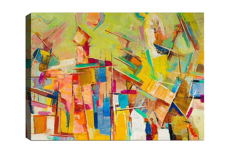 Lerretsbilde 70x100 cm - Abstrakt komposisjon med fargerike former og linjer som skaper en dynamisk følelse, Gul / Rosa / Blå
