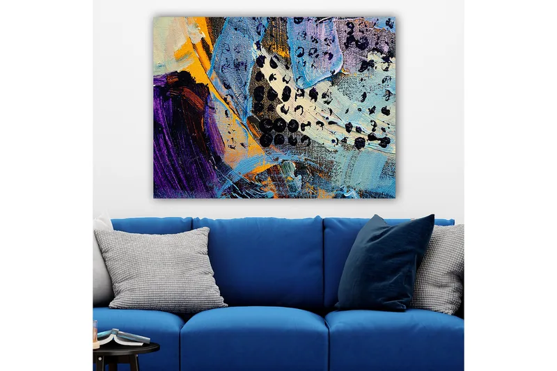 Lerretsbilde 70x100 cm - Abstrakt komposisjon med fargerike former og teksturer - Blå / Svart / Oransje - Innredning - Bilder & kunst - Lerretsbilder