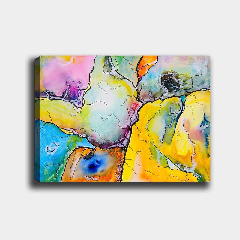 Lerretsbilde 70x100 cm - Abstrakt komposisjon med fargerike former som samhandler i harmoniske mønstre, Gul / Blå / Rosa