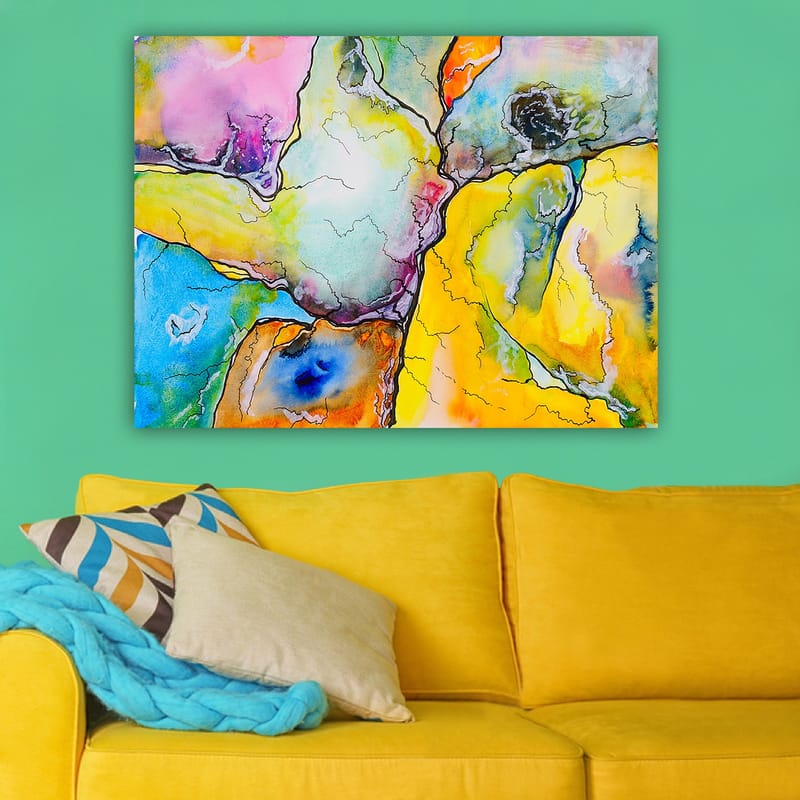 Lerretsbilde 70x100 cm - Abstrakt komposisjon med fargerike former som samhandler i harmoniske mønstre - Gul / Blå / Rosa - Innredning - Bilder & kunst - Lerretsbilder