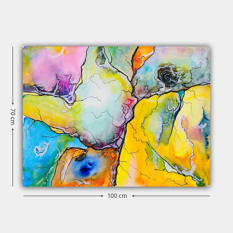 Lerretsbilde 70x100 cm - Abstrakt komposisjon med fargerike former som samhandler i harmoniske mønstre - Gul / Blå / Rosa - Innredning - Bilder & kunst - Lerretsbilder