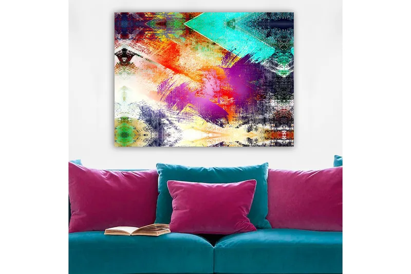 Lerretsbilde 70x100 cm - Abstrakt komposisjon med fargerike geometriske former og dynamiske penselstrøk - Turkis / Lilla / Rød - Innredning - Bilder & kunst - Lerretsbilder