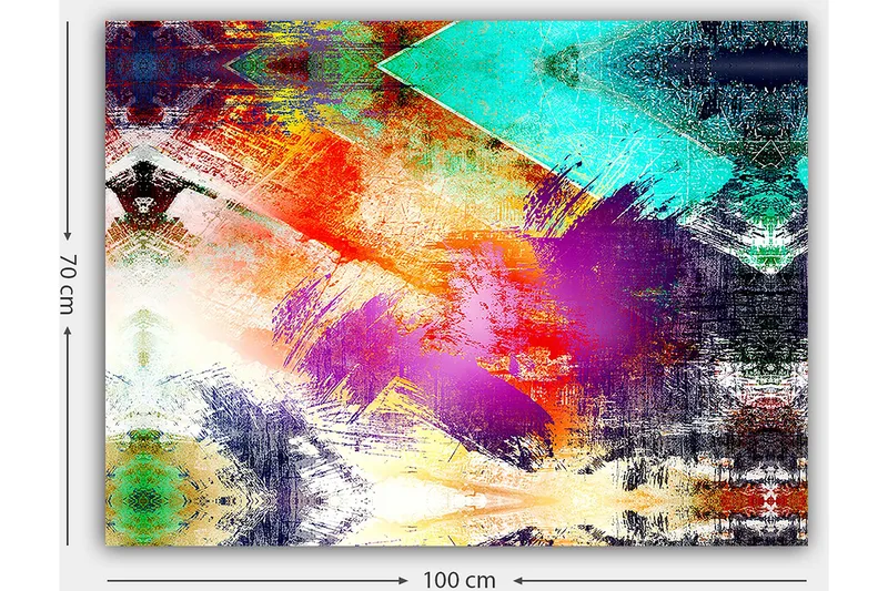 Lerretsbilde 70x100 cm - Abstrakt komposisjon med fargerike geometriske former og dynamiske penselstrøk - Turkis / Lilla / Rød - Innredning - Bilder & kunst - Lerretsbilder