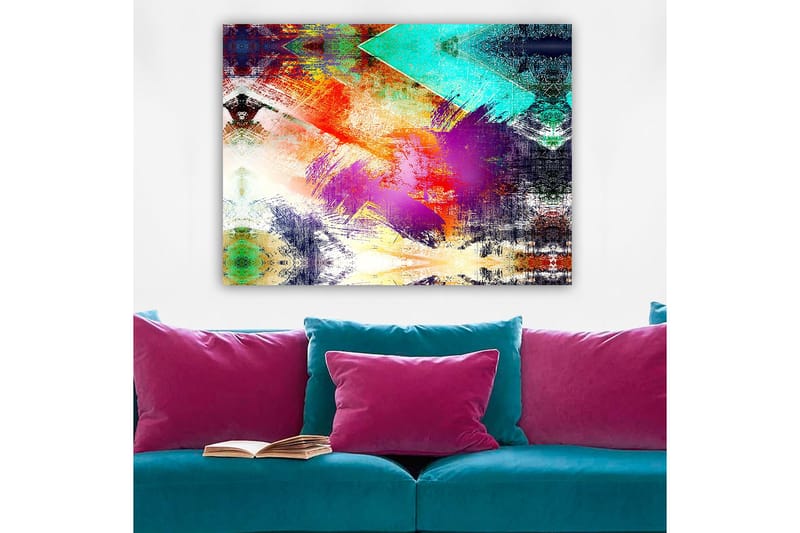 Lerretsbilde 70x100 cm - Abstrakt komposisjon med fargerike geometriske former og dynamiske penselstrøk - Turkis / Lilla / Rød - Innredning - Bilder & kunst - Lerretsbilder