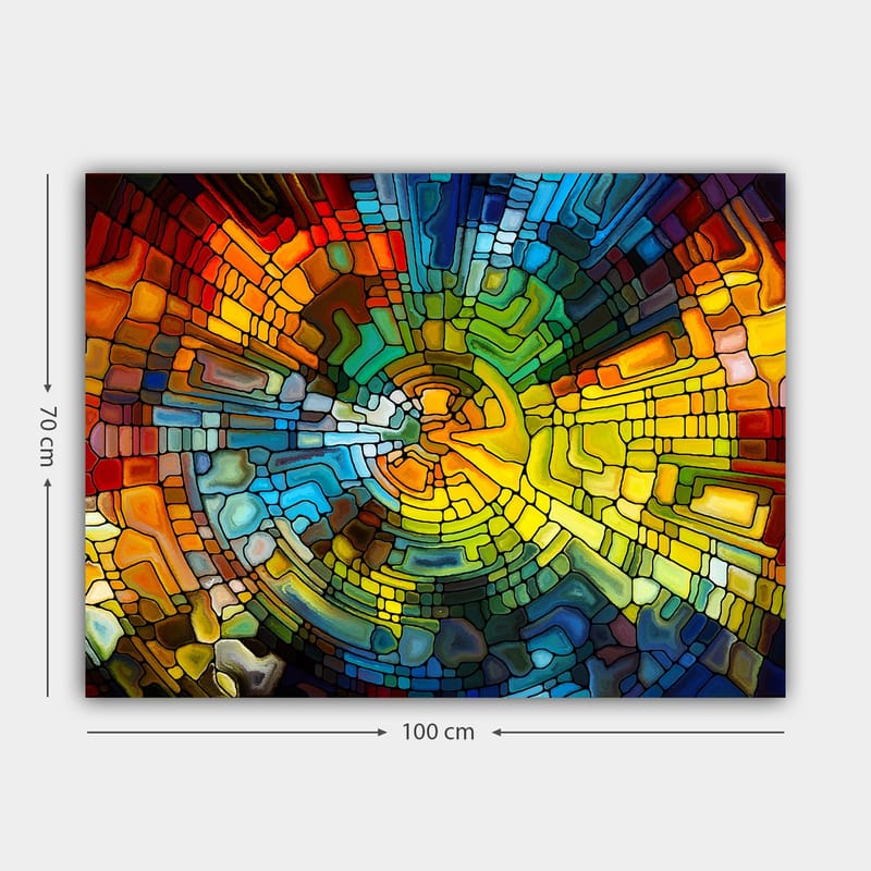 Lerretsbilde 70x100 cm - Abstrakt komposisjon med fargerike geometriske former som skaper en dynamisk bevegelse - Gul / Blå / Rød - Innredning - Bilder & kunst - Lerretsbilder