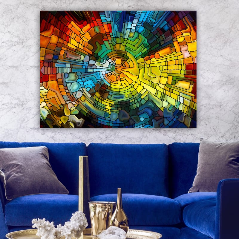 Lerretsbilde 70x100 cm - Abstrakt komposisjon med fargerike geometriske former som skaper en dynamisk bevegelse - Gul / Blå / Rød - Innredning - Bilder & kunst - Lerretsbilder