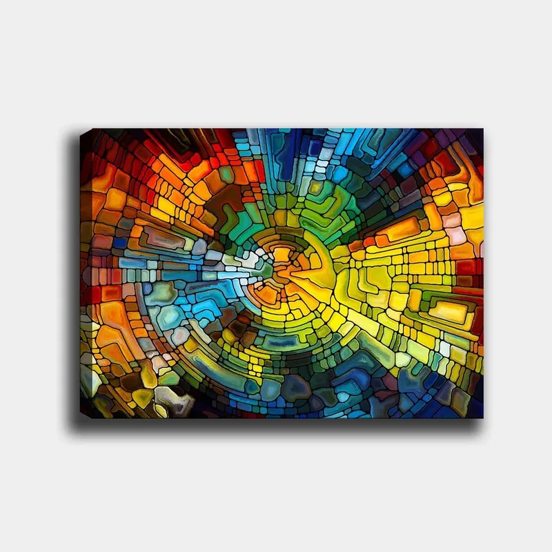 Lerretsbilde 70x100 cm - Abstrakt komposisjon med fargerike geometriske former som skaper en dynamisk bevegelse, Gul / Blå / Rød