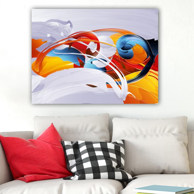 Lerretsbilde 70x100 cm - Abstrakt komposisjon med fargerike husker og former - Rød / Blå / Oransje - Innredning - Bilder & kunst - Lerretsbilder