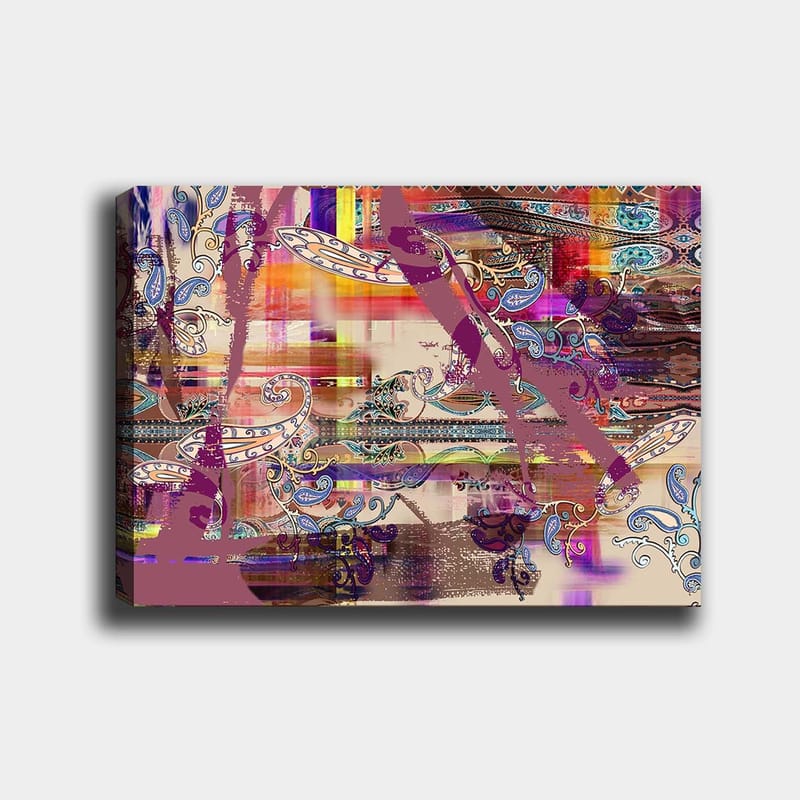 Lerretsbilde 70x100 cm - Abstrakt komposisjon med fargerike mønstre og dekorative elementer, Lilla / Oransje / Blå