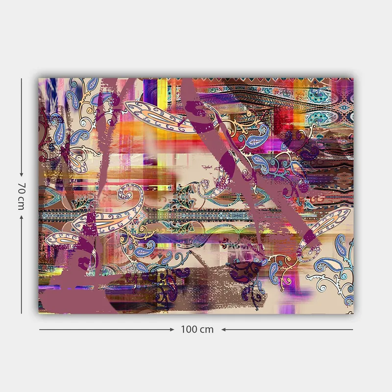 Lerretsbilde 70x100 cm - Abstrakt komposisjon med fargerike mønstre og dekorative elementer - Lilla / Oransje / Blå - Innredning - Bilder & kunst - Lerretsbilder