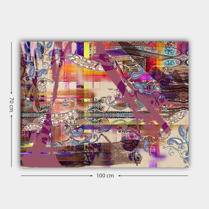 Lerretsbilde 70x100 cm - Abstrakt komposisjon med fargerike mønstre og dekorative elementer - Lilla / Oransje / Blå - Innredning - Bilder & kunst - Lerretsbilder