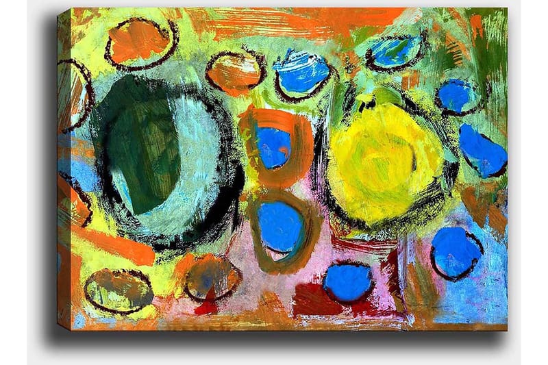 Lerretsbilde 70x100 cm - Abstrakt komposisjon med fargerike sirkler og former som skaper en livlig og dynamisk følelse - Grønn / Gul / Blå - Innredning - Bilder & kunst - Lerretsbilder