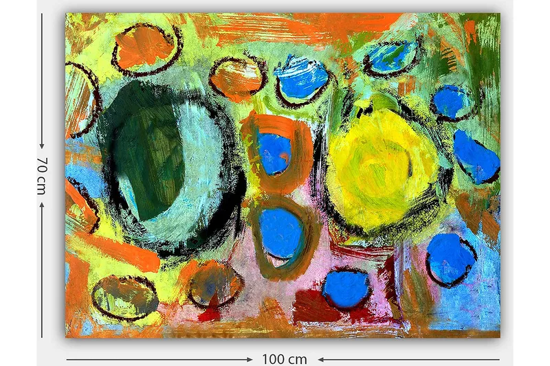 Lerretsbilde 70x100 cm - Abstrakt komposisjon med fargerike sirkler og former som skaper en livlig og dynamisk følelse - Grønn / Gul / Blå - Innredning - Bilder & kunst - Lerretsbilder