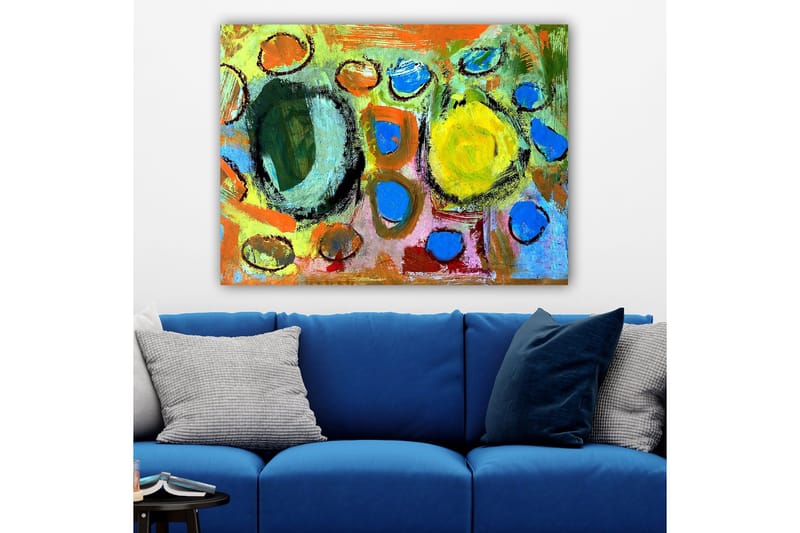 Lerretsbilde 70x100 cm - Abstrakt komposisjon med fargerike sirkler og former som skaper en livlig og dynamisk følelse, Grønn / Gul / Blå