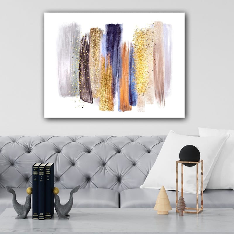 Lerretsbilde 70x100 cm - Abstrakt komposisjon med fargerike penselstrøk i forskjellige nyanser - Gull / Mørk blå / Grå - Innredning - Bilder & kunst - Lerretsbilder