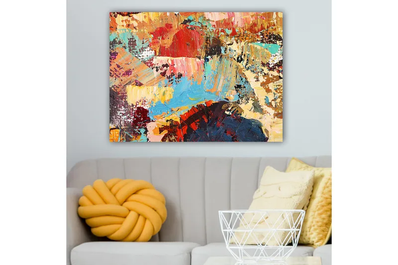 Lerretsbilde 70x100 cm - Abstrakt komposisjon med fargerike penselstrøk som skaper en dynamisk og levende følelse - Rød / Blå / Beige - Innredning - Bilder & kunst - Lerretsbilder