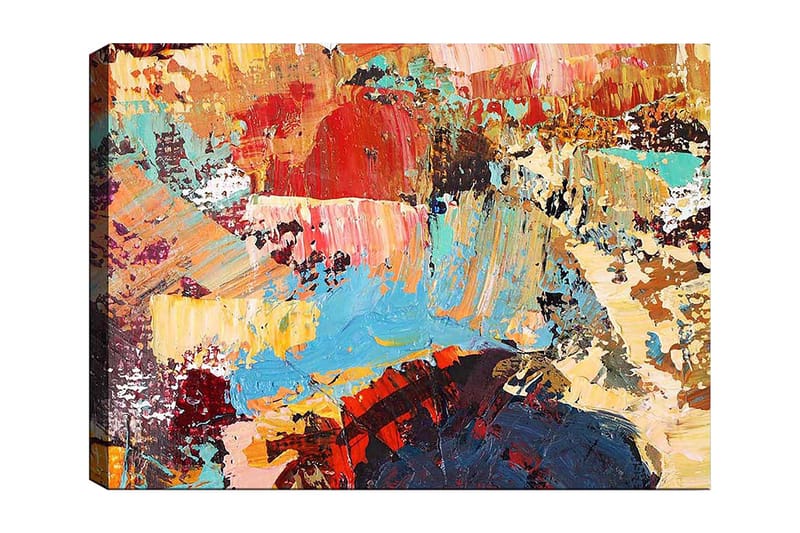 Lerretsbilde 70x100 cm - Abstrakt komposisjon med fargerike penselstrøk som skaper en dynamisk og levende følelse, Rød / Blå / Beige