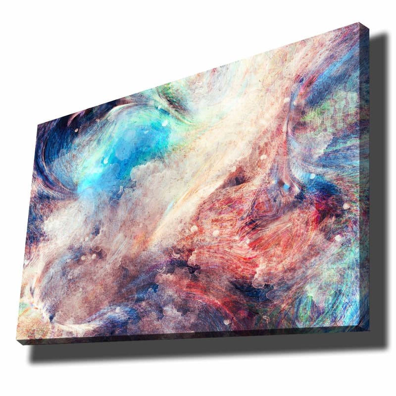 Lerretsbilde 70x100 cm - Abstrakt komposisjon med flytende farger som skaper en følelse av bevegelse og dybde, Blå / Rød / Beige