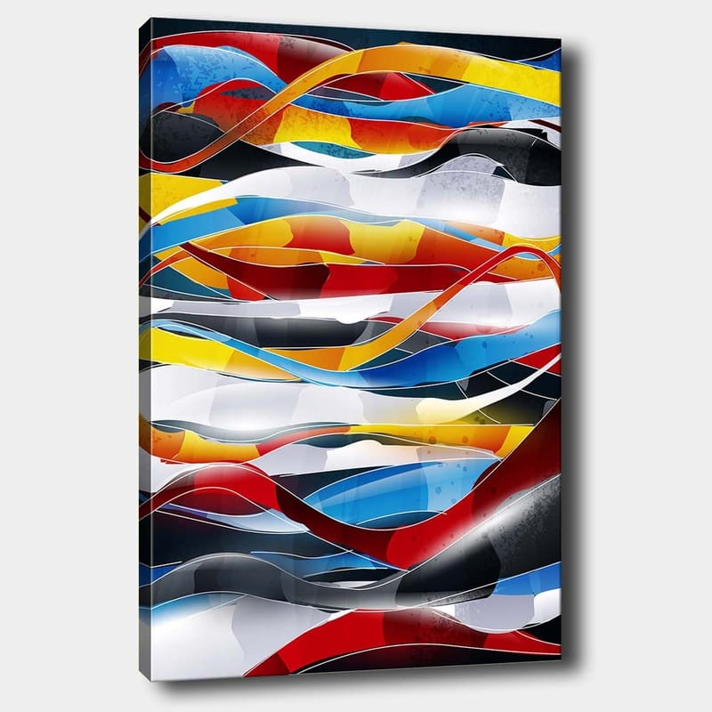 Lerretsbilde 70x100 cm - Abstrakt komposisjon med flytende linjer i sterke farger, Rød / Blå / Svart