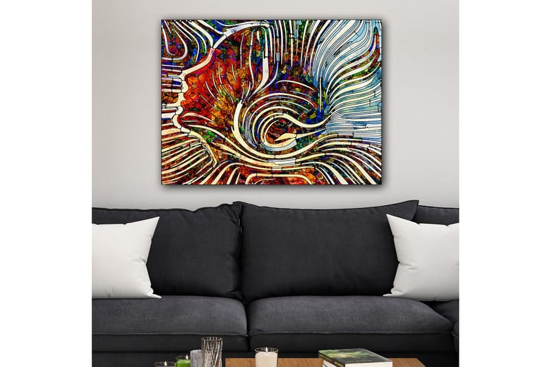 Lerretsbilde 70x100 cm - Abstrakt komposisjon med flytende linjer og fargede former som skaper en dynamisk følelse - Rød / Blå / Hvit - Innredning - Bilder & kunst - Lerretsbilder