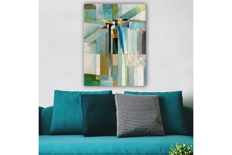 Lerretsbilde 70x100 cm - Abstrakt komposisjon med geometriske former i forskjellige nyanser av blått og grønt - Blå / Grønn / Beige - Innredning - Bilder & kunst - Lerretsbilder